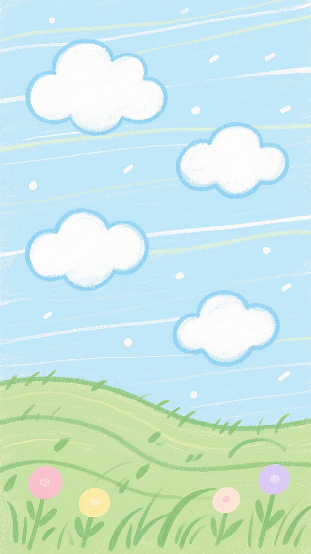 可爱风格手绘背景，浅蓝色天空采用横向排列的柔和线条笔触，点缀着蓬松的白色云朵，云朵边缘有淡淡的蓝色阴影，天空中散布着细小的白色短线作为装饰；画面下方是绿色的起伏草地，同样使用流畅的曲线笔触，草地上生长着简化的绿色小草和几朵色彩柔和的圆形小花，包括粉色、黄色和淡紫色，整体构图简洁明快，色彩清新柔和，营造出轻松愉快的可爱氛围。