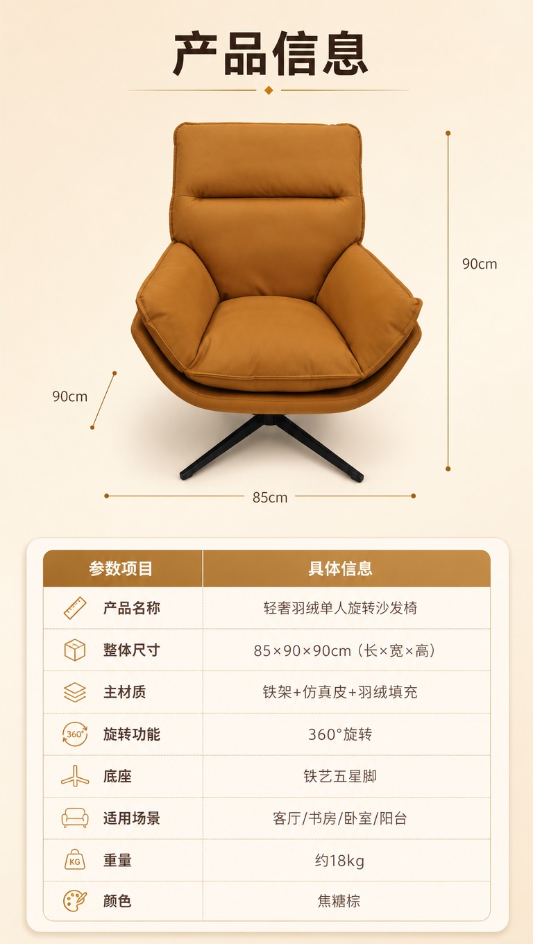 [商品] 使用【图1】焦糖棕色单人旋转沙发椅；保留整体结构、焦… - 图片创意预览