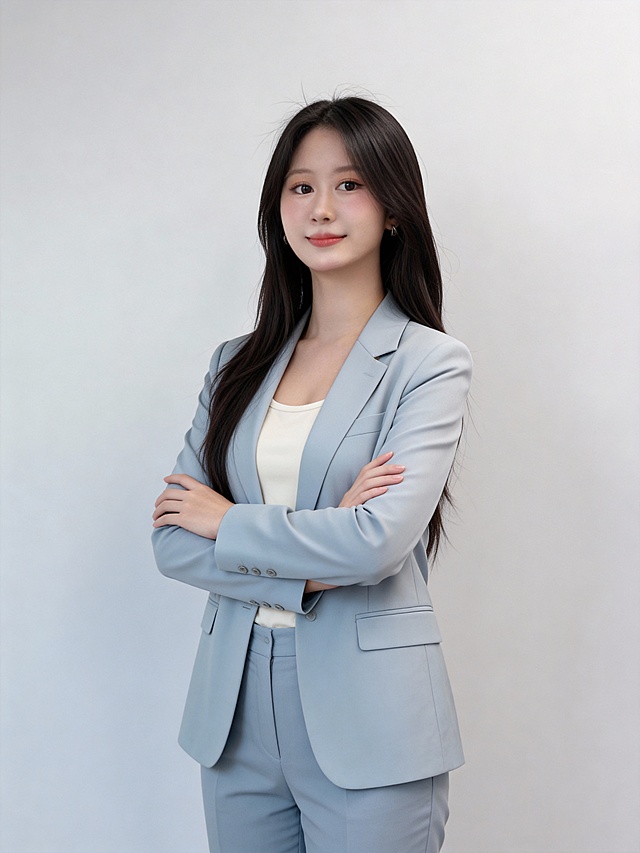 参考第一张图保留人物脸型､年龄等特征生成职场形象照,参考第二张图人物占位和比例,标准焦段50mm,F/4光圈(F/2.8-F/4区间),平视视角(镜头与人物视线齐平);人物占画面70%,人物居中(居中构图),位于画面中心,为视觉聚焦点,入境范围头部及以下至臀部下方10cm(半身像);左右留少量背景空间;头部与画面顶部保留5%空间;头部发型完整;肤质白皙细腻,头肩比例协调,暖调通透水光肌,零粉感伪素颜底妆,肤质细腻无毛孔,白皙,肌表带自然润泽高光,杏粉色哑光眼影轻扫眼睑(仅提亮轮廓),极细内眼线(填充睫毛根部),自然深棕带细微高光点美瞳;唇妆:哑光橘红色口红,唇色饱满浓郁,唇面细腻粉质柔焦感,唇部水润,自然好气色无妆感边界;身穿浅蓝灰色西装外套,米白色内搭,简约高级,浅蓝灰色西裤,干练优雅,发质自然飘逸,双臂交叉于胸前,肢体舒展自然,自信从容站立姿势,人物居中,头肩比例协调,表情自然,专业干练;微笑;高清棚拍专业摄影人像写真,结构准确;光比1:1.5,4800K中性光,修饰脸型,肤质哑光细腻,面部雾面柔光,轻透裸肌感,真实毛孔纹理,32K画质,去除人物之外的所有元素,零噪点降噪,极简浅灰度纯色背景｡严格按照第一张图内容生成。