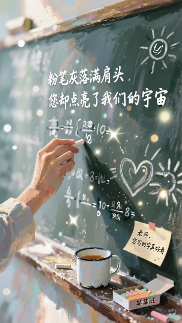 左侧：特写一只握了多年粉笔、指节有薄茧的手，正在黑板上书写公式/诗句，粉笔灰如“细碎星光”般往下飘落（可做微光特效）。  
右侧：黑板角落画着学生偷偷画的小太阳/爱心，下方摆着半盒粉笔、一个印着“某某预览效果