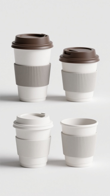 4个规整排列的极简主义3D产品渲染咖啡杯，各有不同造型样式，白色外带杯配深棕塑料盖，杯身中部浅灰波纹隔热套，柔和漫反射光，纯白纯色背景，尽显杯身哑光质感与杯套条纹纹理，专业产品摄影级清晰度与细节呈现预览效果