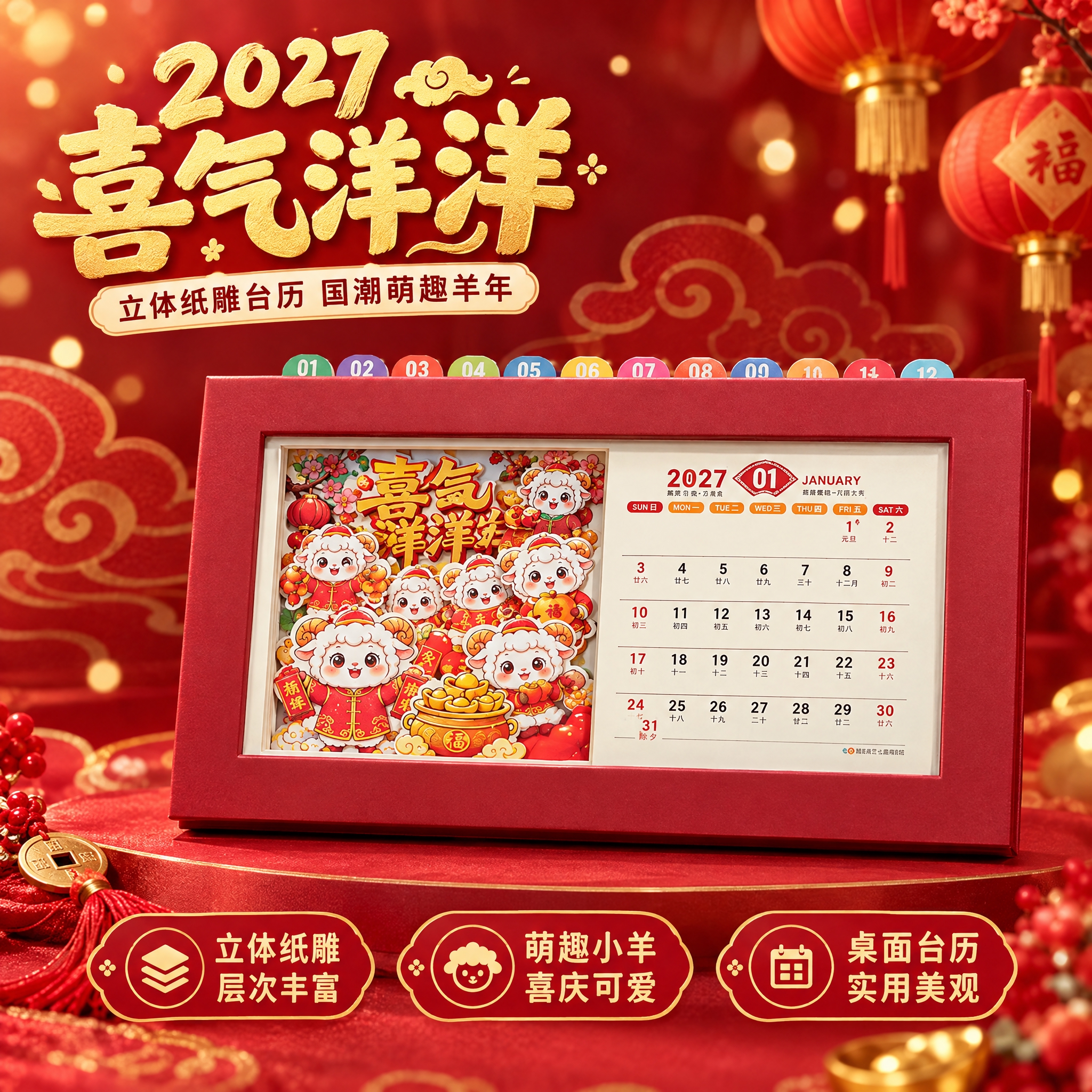 [主图-1] 首图点击率，展示2027羊年立体纸雕台历的整体形… - 图片创意预览