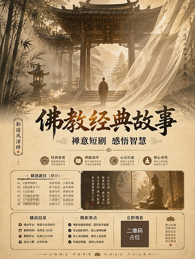 国风新中式工笔淡彩风格，3:4佛教经典故事短剧影视海报，电影感氛围光影，禅意古寺山门搭配轻纱竹影，浅褐色宣纸质感背景。居中主标题"佛教经典故事"，副标题"禅意短剧 感悟智慧"，左下角装饰文字"新国风演绎"。排版精美，画面层次分明，顶部留空放置主视觉场景，底部放置文字信息。画面中所有二维码区域使用纯色方块占位符呈现，方块中央标注"二维码占位"文字，严禁生成任何可识别的二维码图案。画面中所有信息区域、套餐卡片、价格表格、权益列表、对比模块、福利条目、课程大纲、议程、嘉宾介绍区等必须填充完整合理的内容，不得出现空白框、空白占位、横线待填写区域、空列表项、空单元格；用户未提供具体内容时，基于海报主题和场景合理补全典型内容，确保是完整可用的成品海报而非待填写模板。所有文字必须清晰可读，精确渲染。