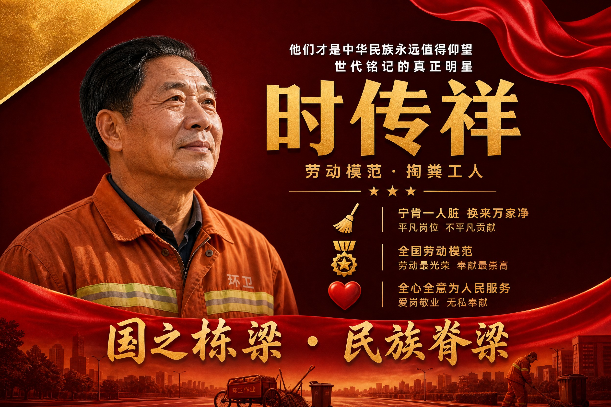 横版国之栋梁人物挂画海报，时传祥主题，参考图风格复刻，红金配色… - 图片创意预览