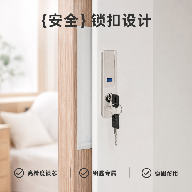 [主图3] 衣柜锁具材质细节放大展示。氛围风格：家居治愈风，精致温馨。画质：商业摄影质感，光线柔和通透，产品清晰真实，画面干净高级。元素：全屏放大展示带钥匙锁具细节，保留一点衣柜木纹边框，整体放在卧室预览效果