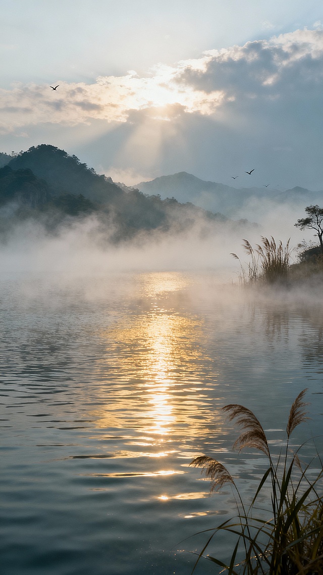 古风优美干净的描写"烟波浩渺"的山水画波光粼粼，实景，电影感