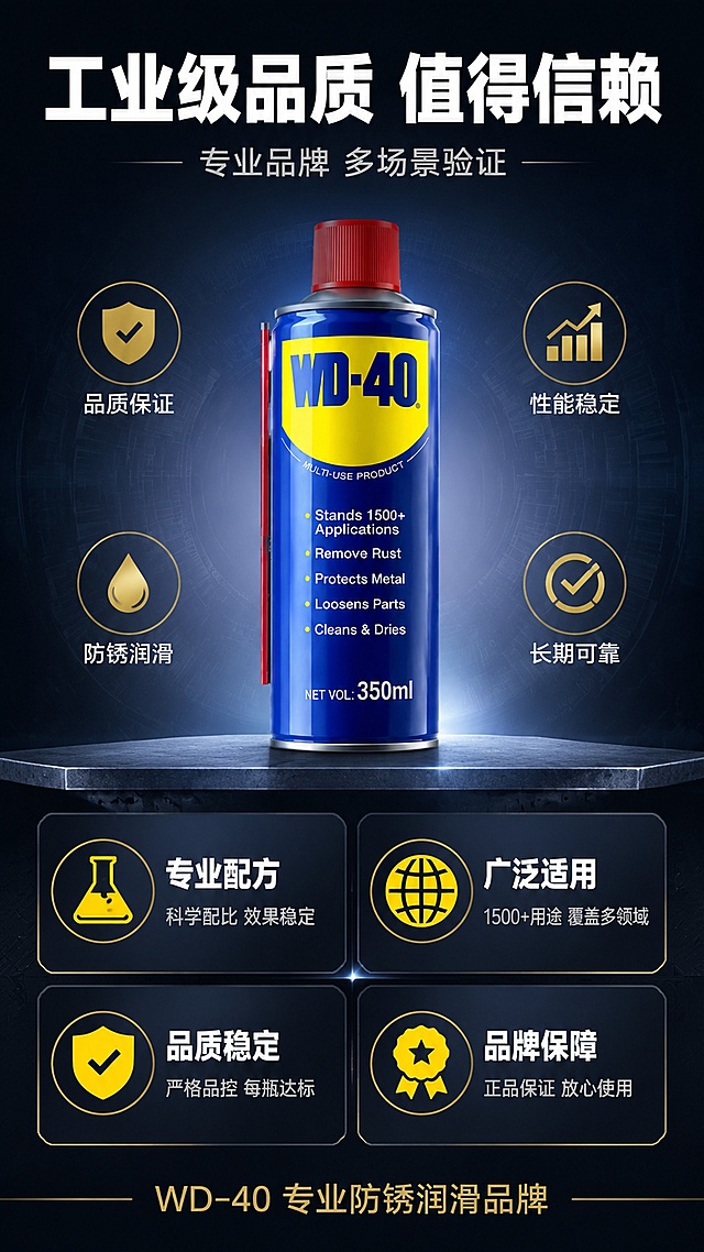 [第8屏] 详情页品质保障-WD-40专业工业级品牌背书。本屏使用【图1】作为商品主体。
[氛围/风格] 专业可信、品质感、工业风、深蓝稳重、商业摄影质感。
[元素布局] 画面上部为WD-40产品罐体居中展示，周围环绕品质保障图标。下部为品牌背书文字区域和四个品质保障模块。背景为深灰蓝色渐变，带有细微的金属纹理和光晕效果。底部有金属质感台面。保持WD-40产品外观与输入产品图完全一致，杜绝变形和色差。商品主体占比约40%。
[光影质感] 中心主光打亮罐体，周围有柔和光晕效果，整体冷调稳重光感；罐体金属高光清晰，底部有自然投影。
[配色色系] 全局底色 #121E33 深靛蓝；主色深蓝、炭灰；辅助色WD-40黄（品质强调）、金棕色（品质感）、银白。
[视角构图] 上下分区构图，上产品下品质模块；阅读动线从上产品到下品质保障。
[文字版式] 顶部主标题「工业级品质 值得信赖」，白色大号粗体无衬线居中；副标题「专业品牌 多场景验证」，银灰色小号居中。下部四个品质保障模块2x2排列，每个模块有黄色图标加标题加说明：「专业配方」科学配比 效果稳定 「广泛适用」1500+用途 覆盖多领域 「品质稳定」严格品控 每瓶达标 「品牌保障」正品保证 放心使用。模块标题白色粗体，说明银灰色小号。底部小字「WD-40 专业防锈润滑品牌」，金色字体。字体统一现代工业无衬线。
[比例分辨率] 9:16 竖版比例，4K分辨率，文字清晰可辨，高清画质。
[负向提示词] 变形，水印，文字错乱，文字过小，缺件错件，结构错误，颜色偏差，产品图模糊，背景杂乱，开盖展示，虚假认证标识。