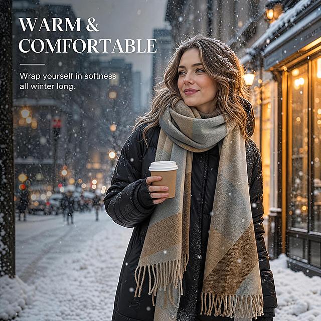 Snowy winter city street with gentle snow falling, elegant Caucasian woman wearing a black puffer coat and plaid tassel scarf, holding a takeaway paper coffee cup, warm glowing shop lights and urban buildings in the background, cozy winter fashion atmosphere, realistic outdoor photography, soft cinematic lighting, natural snow details, sophisticated commercial lifestyle composition, readable English text overlay: "WARM & COMFORTABLE", high resolution