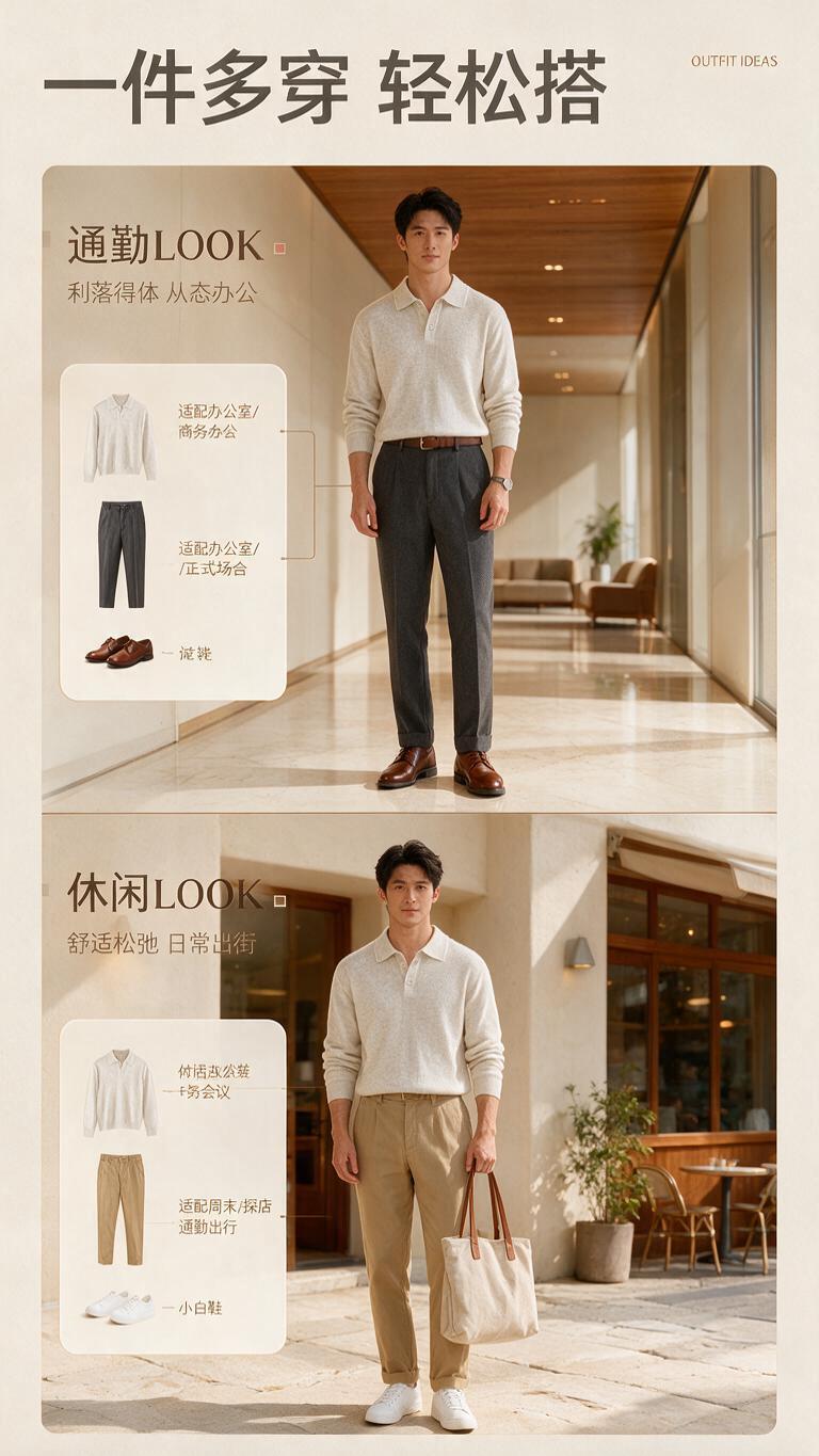 [商品] 使用【图1】米白色V型翻领针织polo衫；商品处理：… - 图片创意预览