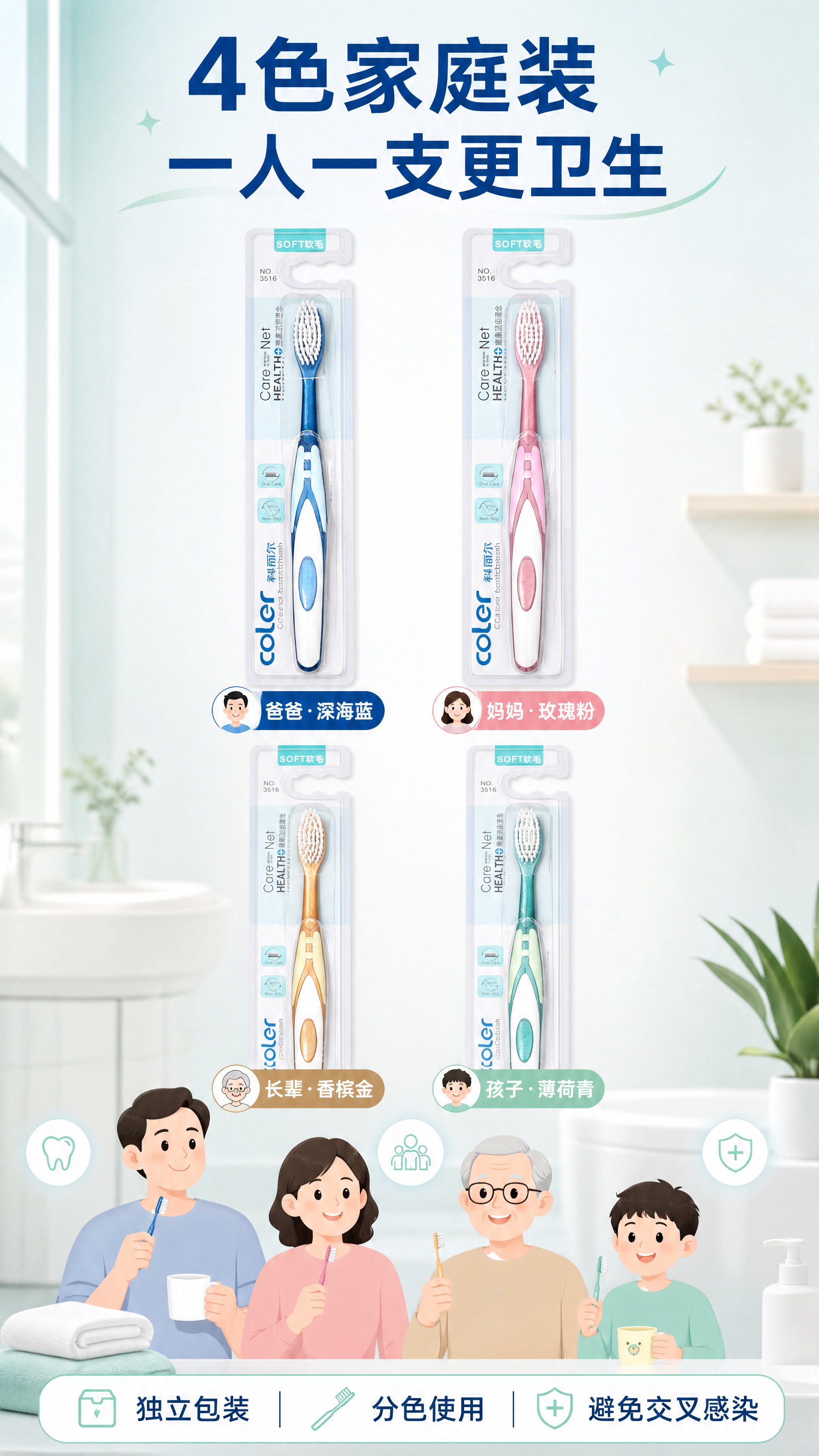[商品] 使用【图1】4支独立包装的科丽尔软毛牙刷全家福（深海… - 图片创意预览