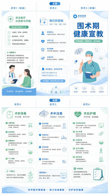 重新设计一份围术期健康宣教三折页，医疗科普风格，比上一版版式更活泼一些，包含三折页的展开平面设计，主标题为"围术期健康宣教"，分术前准备、术中注意、术后护理三个板块，采用清新蓝白绿色系医疗配色，文字分预览效果