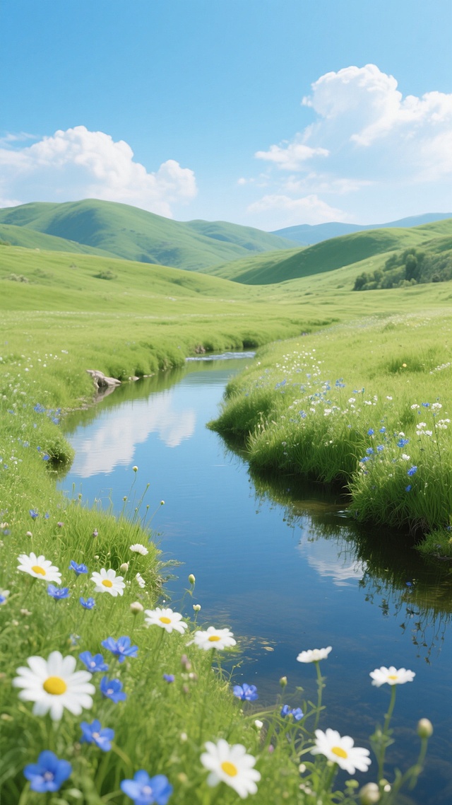 写实风格，明亮通透的自然光线，蓝天白云下的绿色草地场景，近处点缀着白色雏菊和蓝色野花，一条清澈的小溪蜿蜒流过草地，溪水倒映着天空和岸边的花草，远处是起伏的绿色山丘，整体氛围清新自然、宁静祥和，色彩以绿色为主调，搭配蓝色和白色，光影柔和，细节丰富，构图采用三分法，前景为花草，中景为溪流和草地，远景为山丘和天空。
