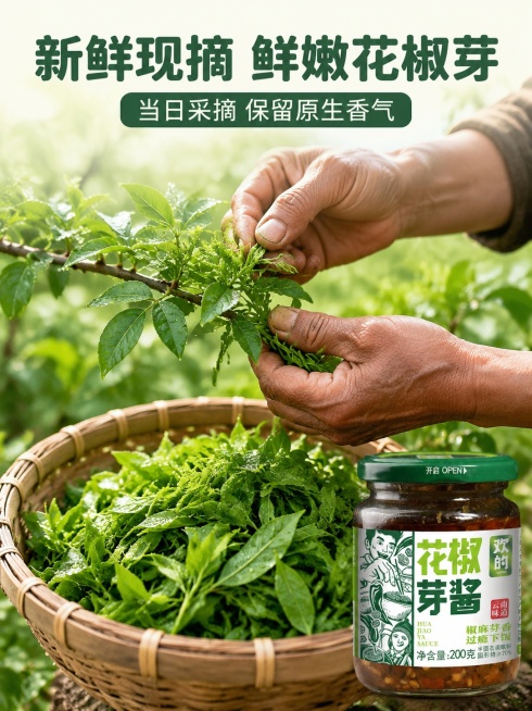[新增屏1] 户外采摘鲜嫩花椒叶场景补充屏，展示新鲜采摘的花椒芽原料。
[氛围/风格] 自然户外原生风，清新真实采摘场景，原生态摄影质感。
[元素布局] 主画面是农民手部采摘枝头鲜嫩的花椒芽，竹篮里已预览效果