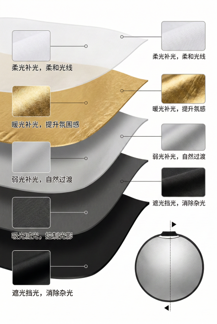 生成该反光板的剖面图，展示五层结构，第一层白色，标注“柔光补光，柔和光线”；第二层金色，标注“暖光补光，提升氛围感”；第三层浅灰色，标注“弱光补光，自然过渡”；第四层深灰色，标注“吸光减光，控制光影”预览效果