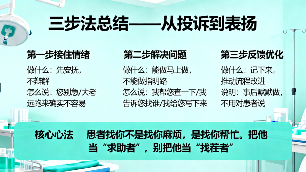 医疗机构药剂科窗口服务培训PPT总结页，标题：三步法总结——从投诉到表扬，分三栏列表展示：第一步接住情绪，做什么：先安抚，不辩解，怎么说：您别急/大老远跑来确实不容易；第二步解决问题，做什么：能做马上预览效果