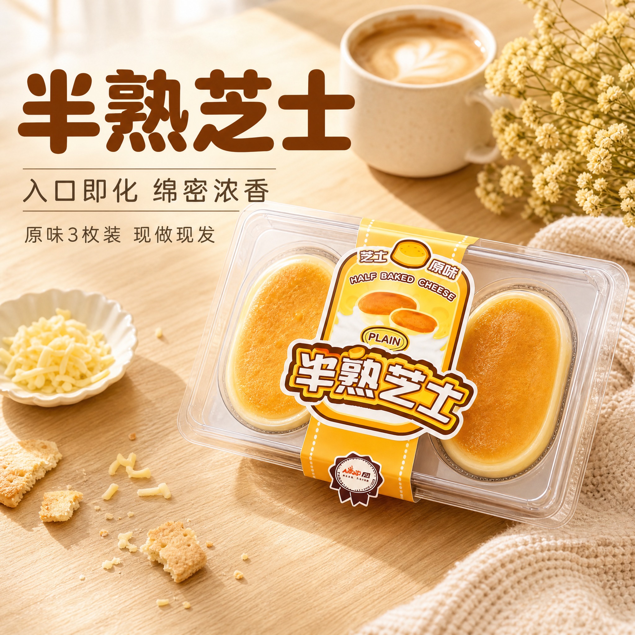 [主图-1] 原味半熟芝士首图，3枚装，突出食欲感与下午茶诱惑… - 图片创意预览