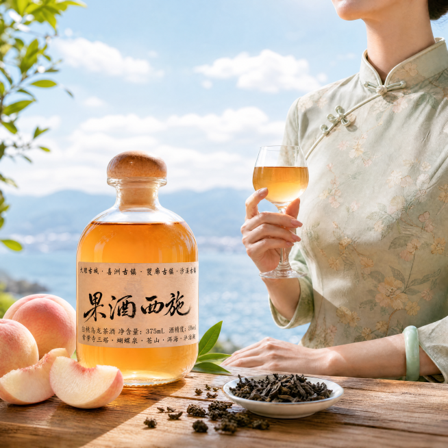 最终调优：强化洱海边桌台质感与虚化蓝天白云层次；确保单瓶白桃乌龙酒、‘果酒西施’突出书法logo、复古旗袍女生、果酒杯、白桃切片与乌龙茶点缀协调统一; 光影自然柔和，无杂乱阴影; 1:1比例, 4K超预览效果