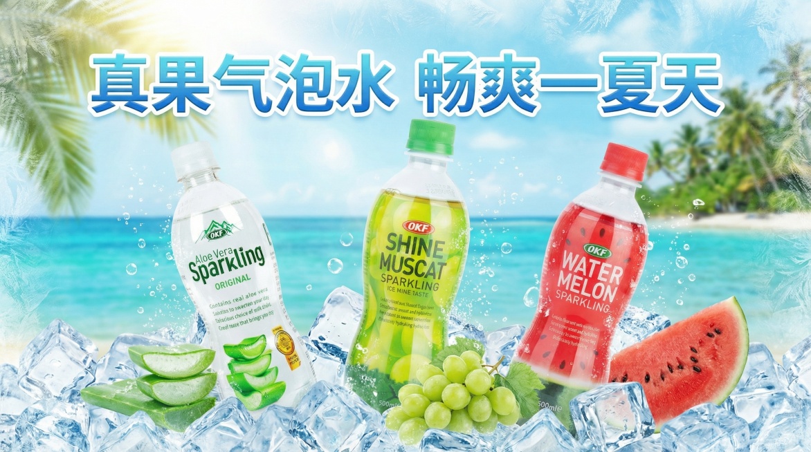 基于图中三瓶OKF真果气泡水，重新制作一款不同风格的夏日气泡饮料宣传横版海报，保留文案"真果气泡水 畅爽一夏天"，画面突出夏日冰爽清凉的感觉预览效果