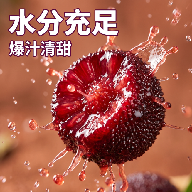 [主图-4] 云南高山东魁杨梅爆汁展示。[氛围风格] 动态诱人食欲感。[画质] 商业摄影质感，光线柔和通透，产品清晰真实，捕捉动态瞬间，画面干净高级。[元素] 一颗紫黑色东魁杨梅被轻轻捏爆，新鲜果汁瞬预览效果