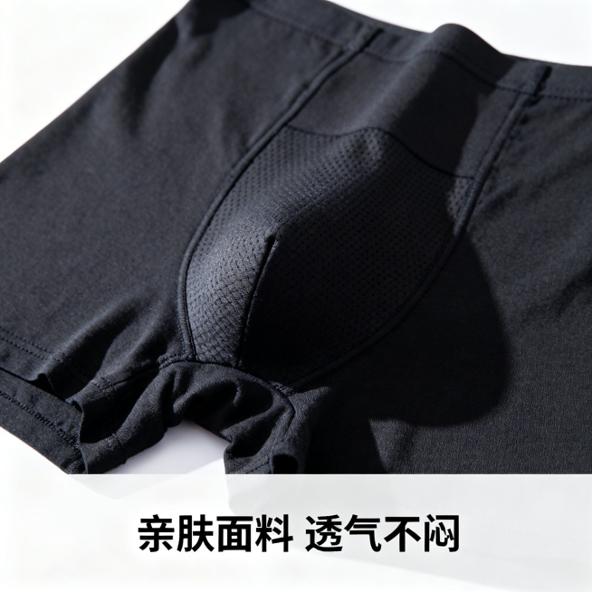 淘宝详情图，展示黑色高腰收腹内裤的裆部细节，突出亲肤透气的面料特点，添加“亲肤面料 透气不闷”文案，风格平实，突出细节预览效果