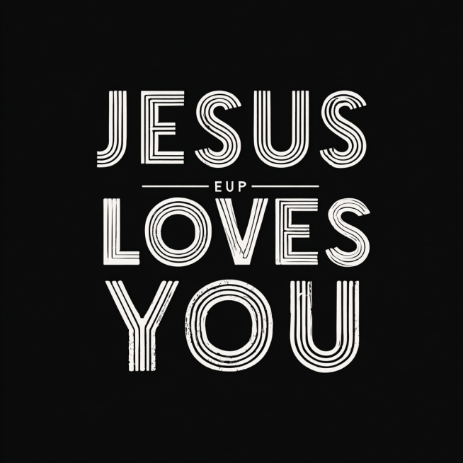 纯黑色背景（#000000），
居中排版的大号英文字体设计，
文字内容必须为：JESUS LOVES YOU（100% 拼写正确），

三行结构排版：
第一行：JESUS（最大、最厚）
第二行：LOV预览效果