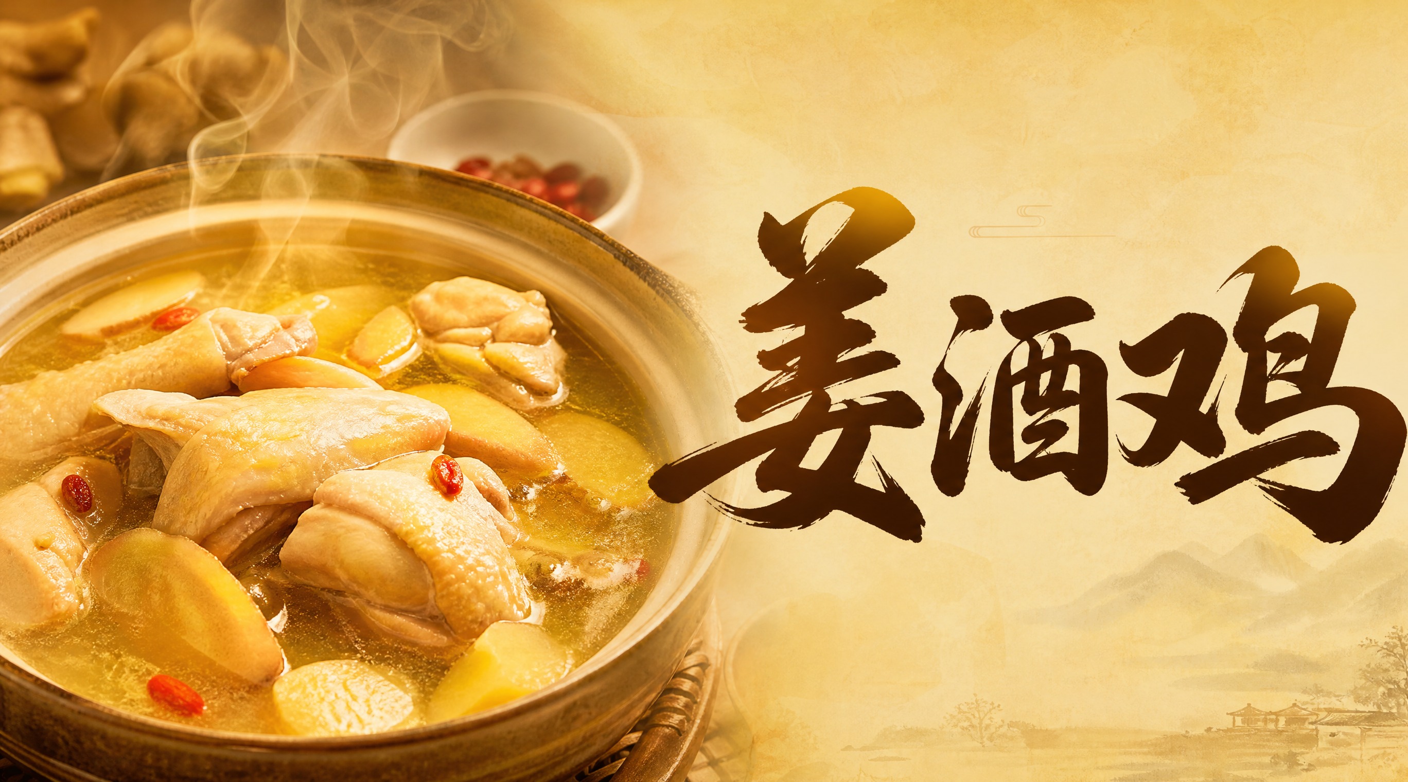 姜酒鸡餐饮店招设计，横版构图，左侧是一碗诱人的姜酒鸡汤特写，金… - 图片创意预览