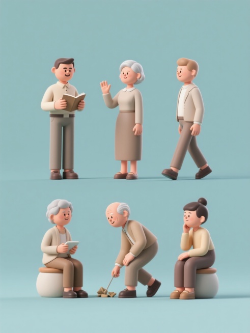 3D卡通风格人物系列，保持原图的柔和光影、光滑材质和简约色彩搭配，纯色背景，6个不同造型和角度的人物规整排布，包括男性、女性、老人和儿童，每个人物姿态各异，有的站立阅读，有的坐姿交谈，有的举手示意，有的行走迈步，有的弯腰捡拾，有的静坐思考，整体风格统一，细节丰富，表情生动自然，服装简洁大方，符合3D卡通的视觉特点。预览效果