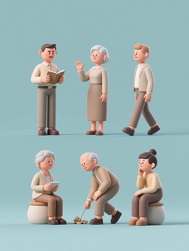 3D卡通风格人物系列，保持原图的柔和光影、光滑材质和简约色彩搭配，纯色背景，6个不同造型和角度的人物规整排布，包括男性、女性、老人和儿童，每个人物姿态各异，有的站立阅读，有的坐姿交谈，有的举手示意，有的行走迈步，有的弯腰捡拾，有的静坐思考，整体风格统一，细节丰富，表情生动自然，服装简洁大方，符合3D卡通的视觉特点。