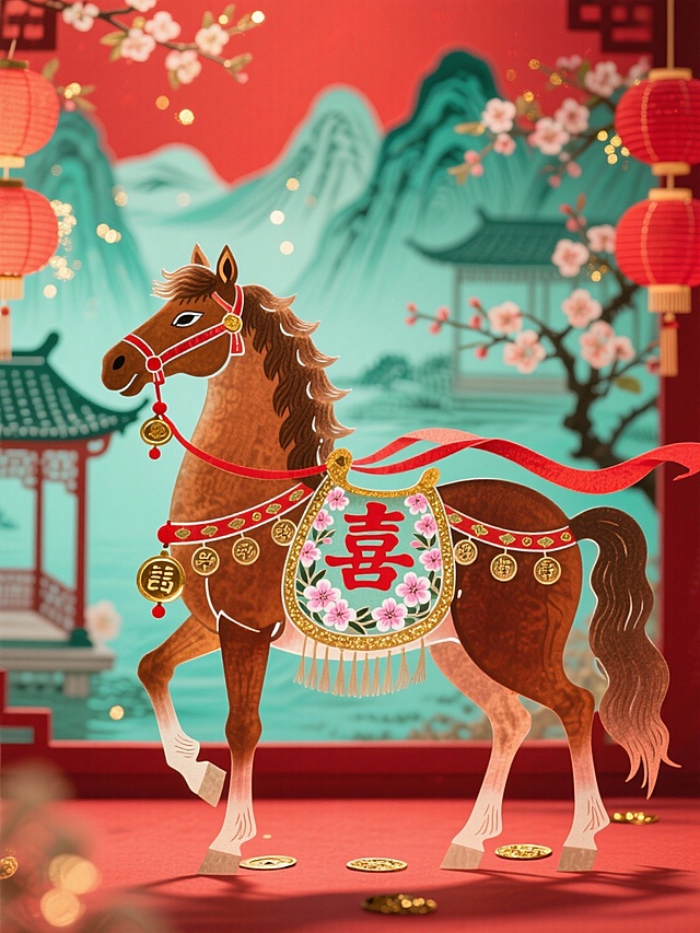 皮影质感，半透明，主体是棕褐皮影骏马（马身饰红色 “喜” 字与粉白海棠纹样，鞍具绣金线福纹，毛发蓬松有光泽），呈静立回眸姿态，颈间系红金铃铛。周身环绕红棕渐变华丽飘带，飘带缀小巧铜钱与金箔，古朴喜庆。背景为正红底色，叠加青绿庭院山水，亭台雅致、花枝缠绕，融入细碎金星光效与红灯笼光影，色调以红、棕、金、青绿为主，市井年味十足。
