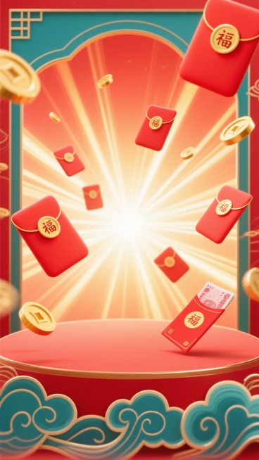 电商背景，中国传统节日庆典风格，明亮的红色渐变背景，中心放射状金色光芒，底部祥云纹样装饰，空中漂浮多个红色红包（带金色圆形封口和“福”字）与金色硬币，右下角有一张红色纸币，整体氛围喜庆热烈，视觉层次分明，适合作为促销活动背景，色彩鲜艳明快，构图开阔留白适中，充满节日购物狂欢的欢快气息。预览效果