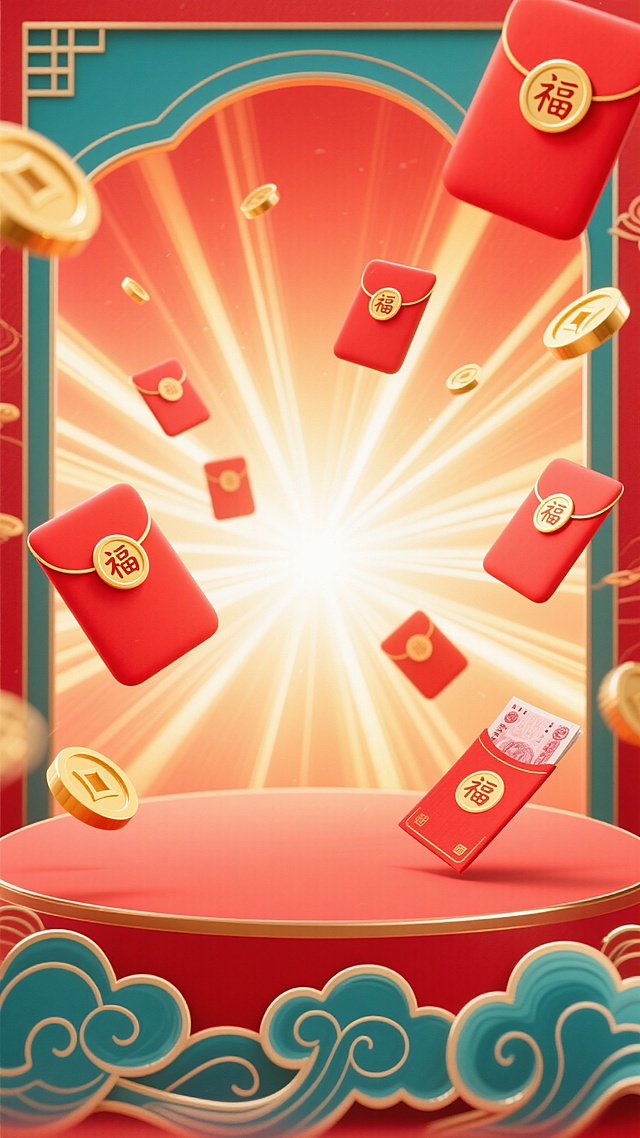 电商背景，中国传统节日庆典风格，明亮的红色渐变背景，中心放射状金色光芒，底部祥云纹样装饰，空中漂浮多个红色红包（带金色圆形封口和“福”字）与金色硬币，右下角有一张红色纸币，整体氛围喜庆热烈，视觉层次分明，适合作为促销活动背景，色彩鲜艳明快，构图开阔留白适中，充满节日购物狂欢的欢快气息。