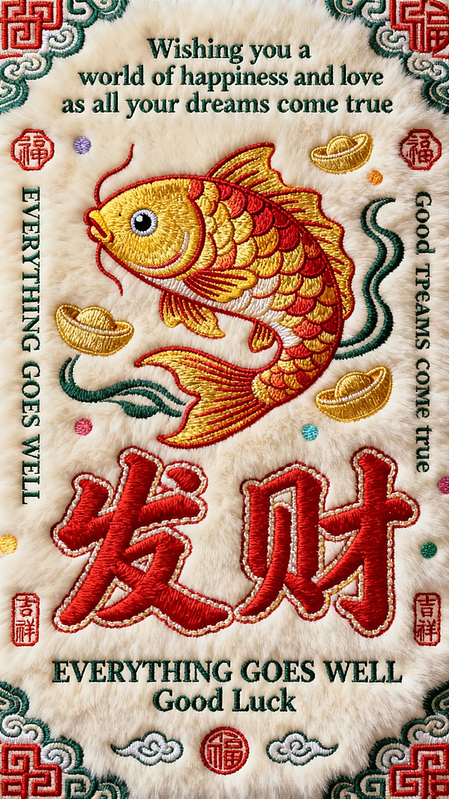 一幅具有中国传统发财主题的刺绣作品，绣在米白色的毛绒材质上，整体风格为传统中式刺绣，色彩以象征喜庆的大红色、象征富贵的金黄色和沉稳的墨绿色为主色调，辅以少量点缀的彩色。画面中心是一个盘卧的金色鲤鱼，鲤鱼鳞片以渐变金色和红色刺绣呈现，鱼眼突出有神，鱼鳍和鱼尾飘逸，周围环绕着几枚金色的元宝。鲤鱼下方是醒目的红色“发财”二字，字体为传统书法风格，笔画饱满有力，边缘有精致的轮廓刺绣。文字周围分布着墨绿色的中英文祝福语，如“Wishing you a world of happiness and love as all your dreams come true”、“EVERYTHING GOES WELL Good Luck”等，字体为优雅的衬线体，字号适中，与主体文字形成良好的视觉层次。画面四角和文字间隙处装饰有传统的祥云纹、回纹等吉祥图案，以及红色的印章式纹样，印章内有象征吉祥的文字。整体构图对称均衡，刺绣工艺精细，毛绒底材质感柔软，营造出富贵吉祥、喜庆热闹的氛围，完美融合了传统中国元素与发财主题。