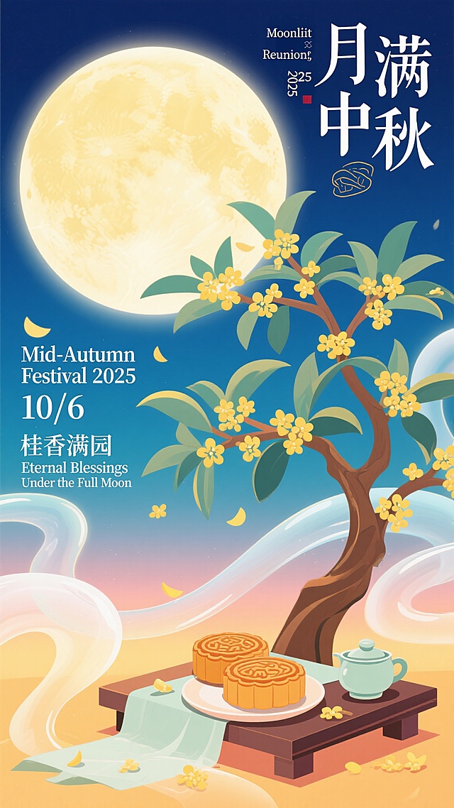 平面插画，海报设计，高级，排版艺术，肌理磨砂，噪点，弥散渐变，扁平插画，晕染，高饱和渐变背景，新中式扁平商业插画，宋代美学意境，超现实动态感，透明流体模拟光影，国风美学配色，冷色调为主搭配局部暖色点缀，富有层次感，元素重构，画面上方有“月满中秋”文字，左侧有“Moonlit Reunion, 2025”文字，中间偏下位置有“Mid-Autumn Festival 2025”和“10/6”文字，下方有“桂香满园”和“Eternal Blessings Under the Full Moon”文字，画面主体是一棵枝繁叶茂的桂花树，金黄的桂花飘落，树下摆放着传统月饼和茶具，周围有半透明的流体光晕环绕