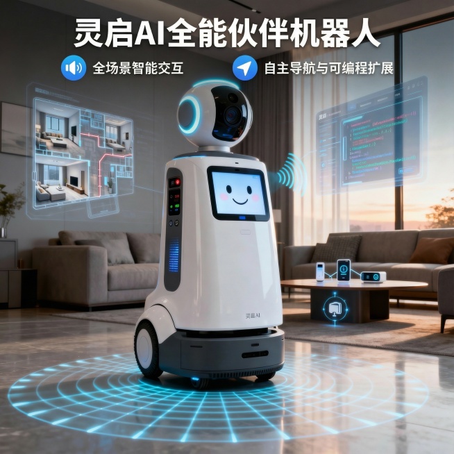 请帮我生成一个宣传海报产品名称： 灵启AI全能伙伴机器人

核心功能/优势：

全场景智能交互： 支持多轮自然语音对话，能理解并执行复杂指令，实现人机深度互动。

自主导航与可编程扩展： 融合激光雷达预览效果