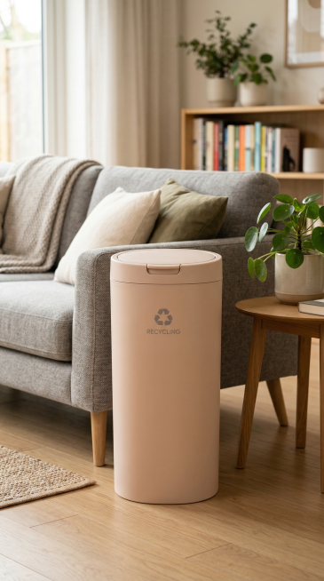 Tall and slim plastic recycling bin placed in living room, cute rounded shape, warm soft colors, rea预览效果