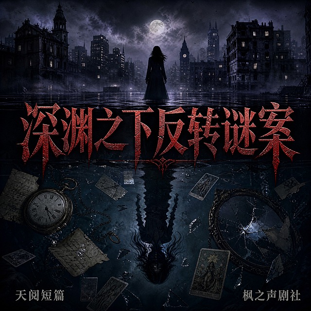 Dark mystery thriller book cover, 1:1 square format. Split composition: upper half shows a foggy city skyline at night with old abandoned buildings and apartment silhouettes, moody indigo and grey-purple tones, pale moon glowing faintly through mist. Lower half shows an eerie underwater reflection of the same city, submerged floating items include an old pocket watch, yellowed letters, broken mirror shards, and scattered tarot card silhouettes drifting in dark water. A silhouette of a woman stands at the waterline, her reflection below is distorted and warped by ripples, creating an unsettling mirrored effect. Center title "深渊之下反转谜案" in bold Gothic-style font with deep blood-red gradient and cracked stone texture, occupying approximately 50% of the frame vertically. Bottom left small text "天阅短篇", bottom right small text "枫之声剧社". Dark atmospheric aesthetic, cinematic lighting, high contrast, mysterious and ominous atmosphere, ultra-detailed, professional book cover design.