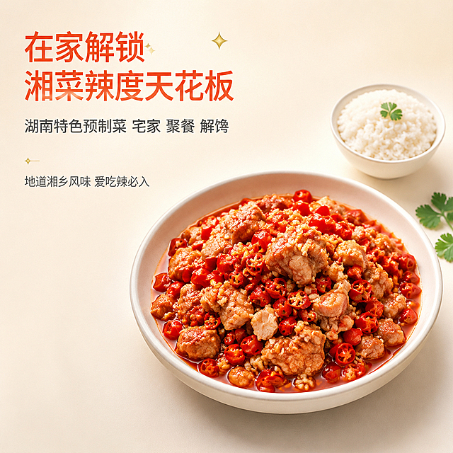 抖音电商高级简约风格食品主图第五张，价值购买理由转化收尾，无包装纯食物摆盘。画面主体：一盘精心摆盘的湘乡教堂鸡成品，红亮鸡块整齐铺在白色深盘里，表面撒满红辣椒和蒜末，旁边配一小碗白米饭和一片香菜叶点缀，摆盘精致高级。背景为纯净浅米白渐变，大量留白，极简ins风。无任何包装元素。光影：柔和侧顶光，食物油亮有质感，盘边有精致阴影，整体干净高级有品质感。配色：主色浅米白纯净背景；辅色红亮食物+白盘白饭；强调色金色小星标。视角构图：45度微俯视，摆盘食物居中偏右下占画面约55%，左上和上方大量留白，极简构图。文字版式：左上左对齐疏朗排版，大字主标题“在家解锁湘菜辣度天花板”细黑体红橙色最大号带小星标装饰，下方副标题“湖南特色预制菜 宅家 聚餐 解馋”约半高深灰色，底部小字“地道湘乡风味 爱吃辣必入”。文字排版高级疏朗，不拥挤。1:1正方形构图，超高清商业美食摄影质感，文字锐利。负向提示：变形 文字错乱 产品模糊 背景杂乱 水印 电商平台Logo 包装 塑料袋 铝箔袋
