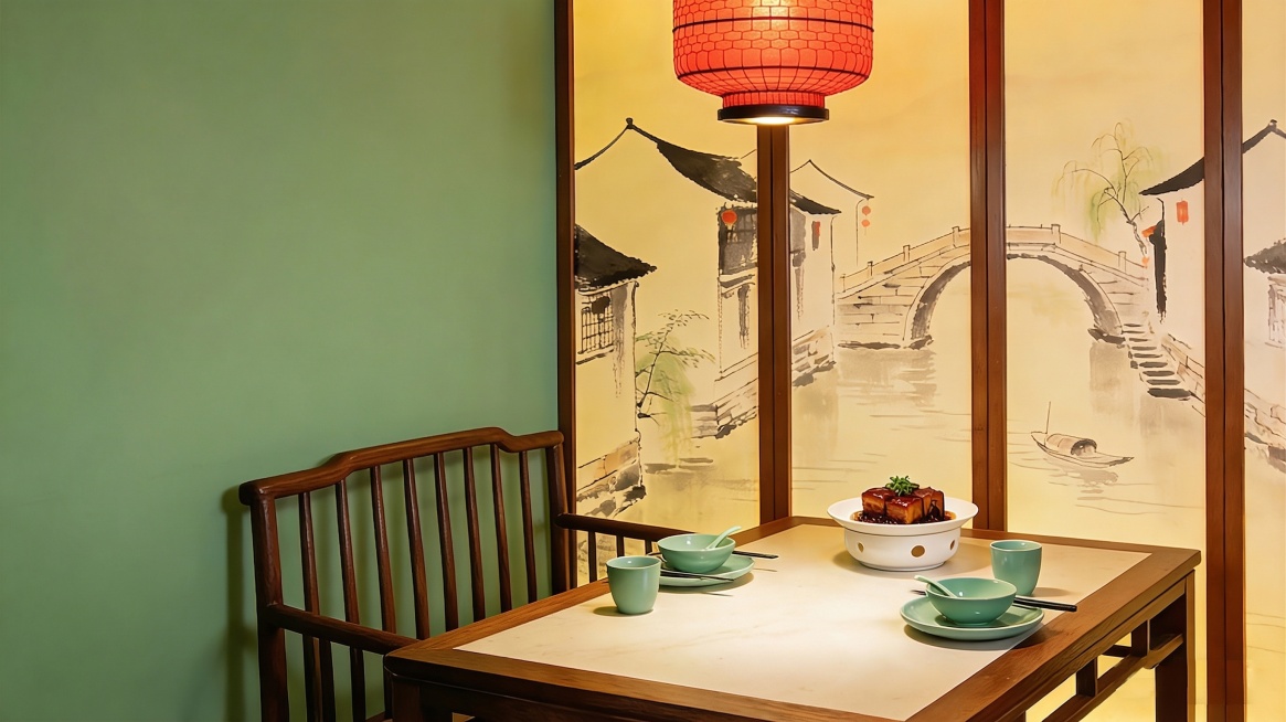 去掉桌面上的清蒸鱼，保留所有青绿色餐具、木桌木椅和背景装饰，保持整体风格、光影和色调一致，自然和谐预览效果