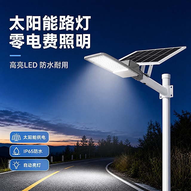 [主图-1] 太阳能LED路灯户外场景展示，突出产品整体外观与安装效果。
[统一基调] 工业科技风格，深蓝渐变背景搭配冷白色调，主标题白色粗体无衬线字体，辅助文字浅灰色，强调色为亮蓝色，整体专业品质感，简洁大气。
[画面] 产品为太阳能LED路灯，包含灰色长方形LED灯头和黑色太阳能电池板，通过白色支架安装在白色灯杆上。画面展示路灯安装在户外乡村道路旁的真实场景，傍晚时分，路灯正发出明亮的白光，照亮前方路面。背景是深蓝色的黄昏天空，远处有树木剪影，路面为沥青道路。产品位于画面右侧偏中位置，占画面约60%，视角为仰视45度，展现路灯的完整结构和发光效果。左上角放置主标题文字。
[光影质感] 商业摄影质感，主光源来自路灯本身的白光，在路面形成柔和的光斑，环境光为黄昏的弱光，灯体金属和塑料材质质感清晰，边缘锐利，无悬浮感。
[配色] 主背景深蓝渐变，产品灰色、白色、黑色，发光部分暖白色，文字白色和亮蓝色。
[文字版式] 左上角主标题「太阳能路灯 零电费照明」，字号大且粗；下方副标题「高亮LED 防水耐用」，字号缩小50%；左下角三个小标签分别为「太阳能供电」「IP65防水」「自动亮灯」，小号字体配浅蓝底圆角标签。所有文字不遮挡产品主体。
[输出要求] 1:1正方形比例，2048*2048像素，产品清晰不变形，文字清晰可读，无水印无平台Logo，无多余杂物。负向：变形、错字、模糊、杂乱、水印、淘宝天猫Logo、人物面部扭曲。