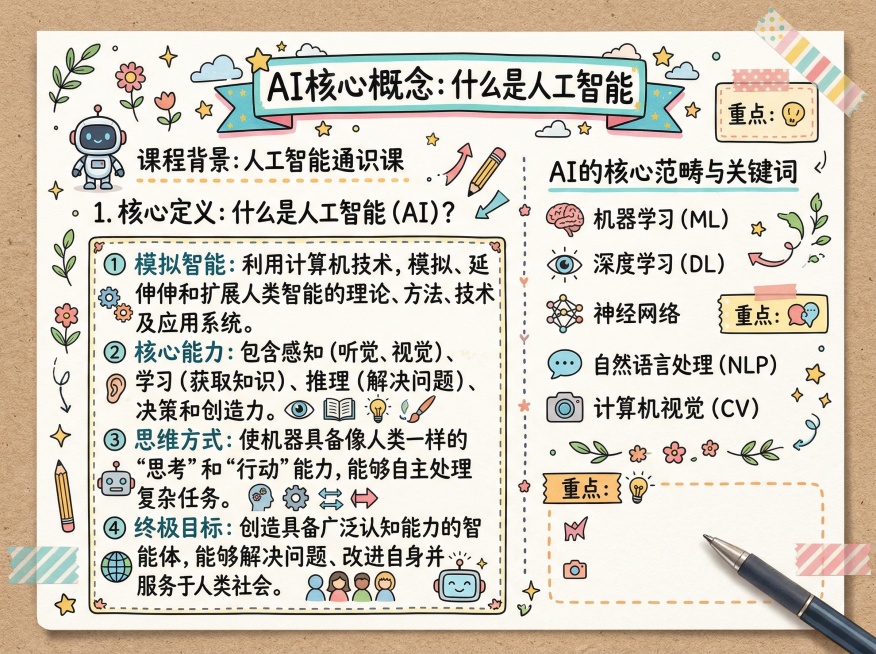 手账形式，人工智能通识课第一课内容，包含标题“AI核心概念：什么是人工智能”，分点罗列核心定义，装饰元素可爱清新，所有文字均为中文，排版清晰适合笔记预览效果