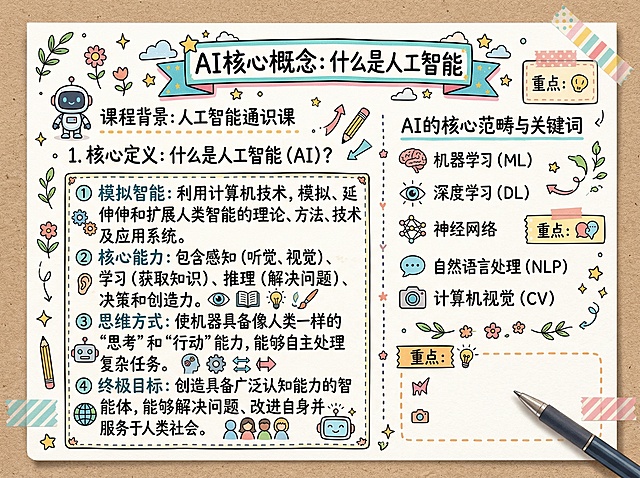 手账形式，人工智能通识课第一课内容，包含标题“AI核心概念：什么是人工智能”，分点罗列核心定义，装饰元素可爱清新，所有文字均为中文，排版清晰适合笔记