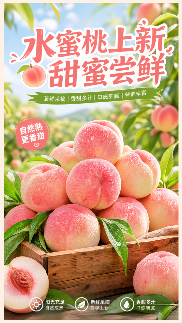 水果店宣传海报，主题是水蜜桃上新，新鲜诱人的粉白水蜜桃摆放在木质水果摊位上，背景是清新的果园田园风格，顶部添加醒目的宣传文案"水蜜桃上新 甜蜜尝鲜"，整体风格清新明快，色彩鲜艳吸引顾客，适合线下门店张预览效果