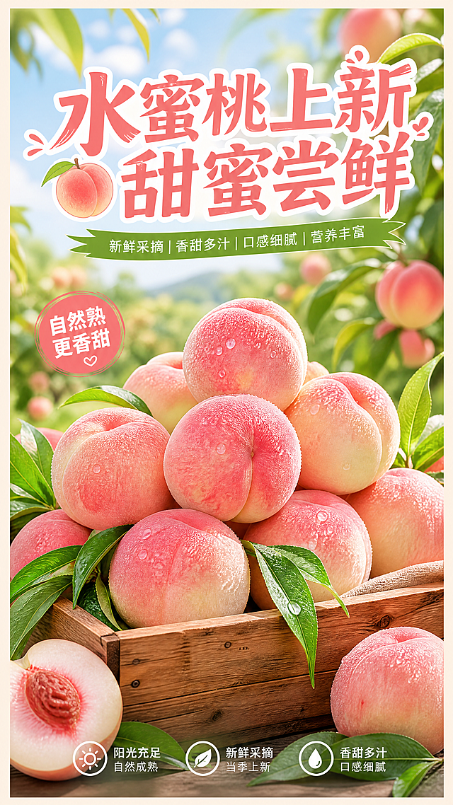 水果店宣传海报，主题是水蜜桃上新，新鲜诱人的粉白水蜜桃摆放在木质水果摊位上，背景是清新的果园田园风格，顶部添加醒目的宣传文案"水蜜桃上新 甜蜜尝鲜"，整体风格清新明快，色彩鲜艳吸引顾客，适合线下门店张贴宣传，分辨率4K