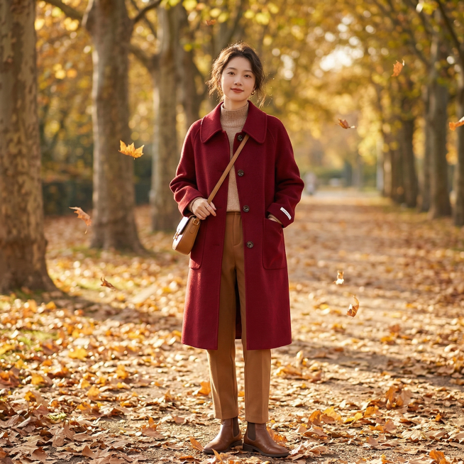 中国女模特身穿图中的酒红色中长款翻领毛呢大衣，秋日户外场景，梧桐叶落，暖金色阳光，氛围慵懒温柔，穿搭实拍，高清质感预览效果