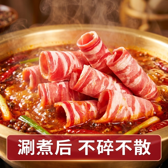[主图 4] 羊肉风味卷涮煮场景体验主图，展示下锅后不碎不散品质。
[氛围风格] 火锅食用场景，温暖有食欲，真实有代入感
[画质] 商业摄影质感，光线柔和通透，产品清晰真实，画面干净高级
[元素] 保预览效果