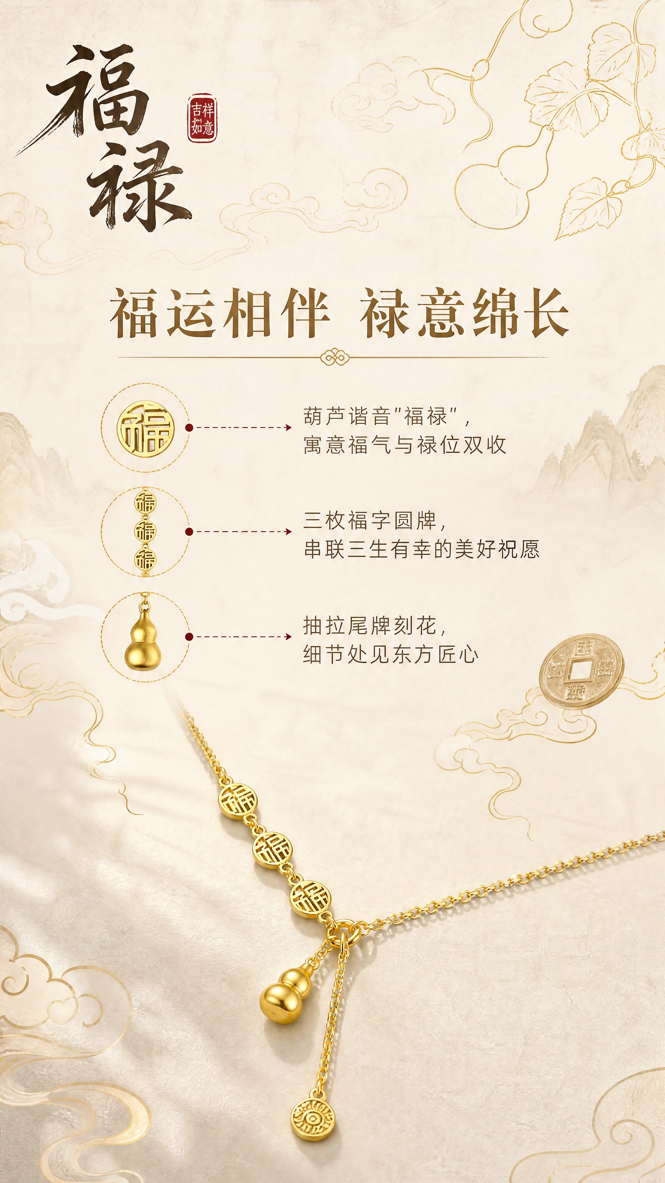 [商品] 使用【图1】福禄满满项链；保留葫芦吊坠、福字圆牌、整… - 图片创意预览