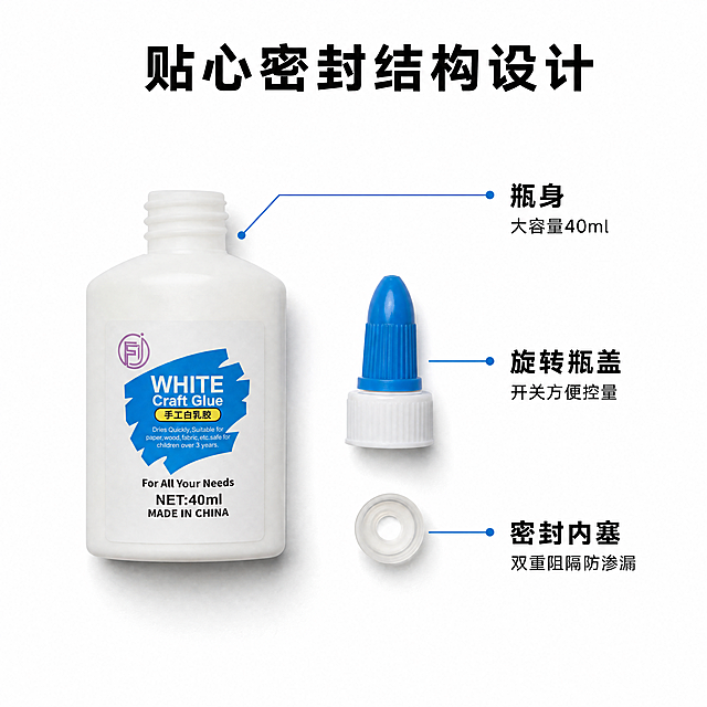 [第3屏] 结构解析屏，解析40ml手工白乳胶的内塞密封设计。本屏使用【图3】展示产品拆分结构。
[氛围/风格] 专业解析风，清晰干净，突出结构细节。
[元素布局] 瓶身位于画面左侧，瓶盖和内塞拆分摆放在瓶身右侧，保持所有部件颜色、大小、材质与原图一致。用细引线从内塞部位引出标注，说明各个部件的功能。主体部件占据画面约70%区域，布局舒展不拥挤。
[光影质感] 均匀顶光，各个部件阴影柔和，结构清晰，材质质感表现真实。
[配色色系] 全局底色 #ffffff；主体白色瓶身+蓝色瓶盖；标注引线使用浅蓝色，文字黑色。
[视角构图] 俯视平铺视角，所有部件平放在白色背景上，结构一目了然。
[文字版式] 顶部主标题"贴心密封结构设计"黑色加粗；引线标注分别为：「瓶身」大容量40ml、「密封内塞」双重阻隔防渗漏、「旋转瓶盖」开关方便控量。文字清晰，字号适配移动端，不遮挡主体结构。
[比例分辨率] 1:1 正方形，4K 分辨率，文字清晰可辨，超高清。
[负向提示词] 部件缺失，位置错乱，结构变形，颜色偏差，文字模糊，水印