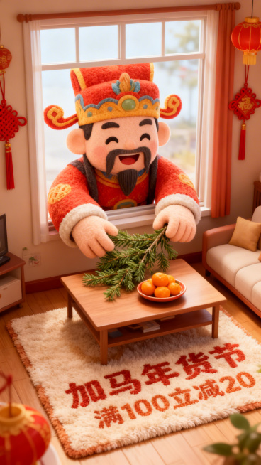 3d卡通风格，客厅景观。Q版巨大灶王爷（形象软萌）从窗户外探身进来，双手把图中主体放在客厅桌上（桌面摆放橘子、果盘），客厅装饰中国结、灯笼元素，暖色调喜庆氛围，画面底部毛绒地毯上绣着“加马年货节”“满预览效果
