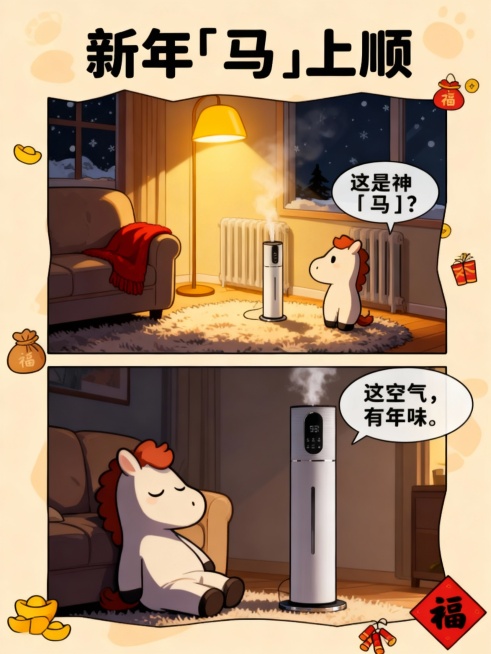 异形两格漫画分镜，温暖治愈的居家插画风格，暖色背景不规则边框，点缀少量新年装饰元素（元宝、福袋、鞭炮、红底黑字福字图标）。
上方主标题可爱艺术大字：「新年『马』上顺」

第一格：
北方冬季暖气房客厅夜预览效果