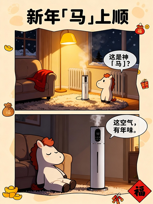 卡通风格插画，拟人小马与加湿器互动，温馨暖黄灯光营造节日氛围，水彩质感结合漫画分镜，传递新年喜庆与生活温情。
